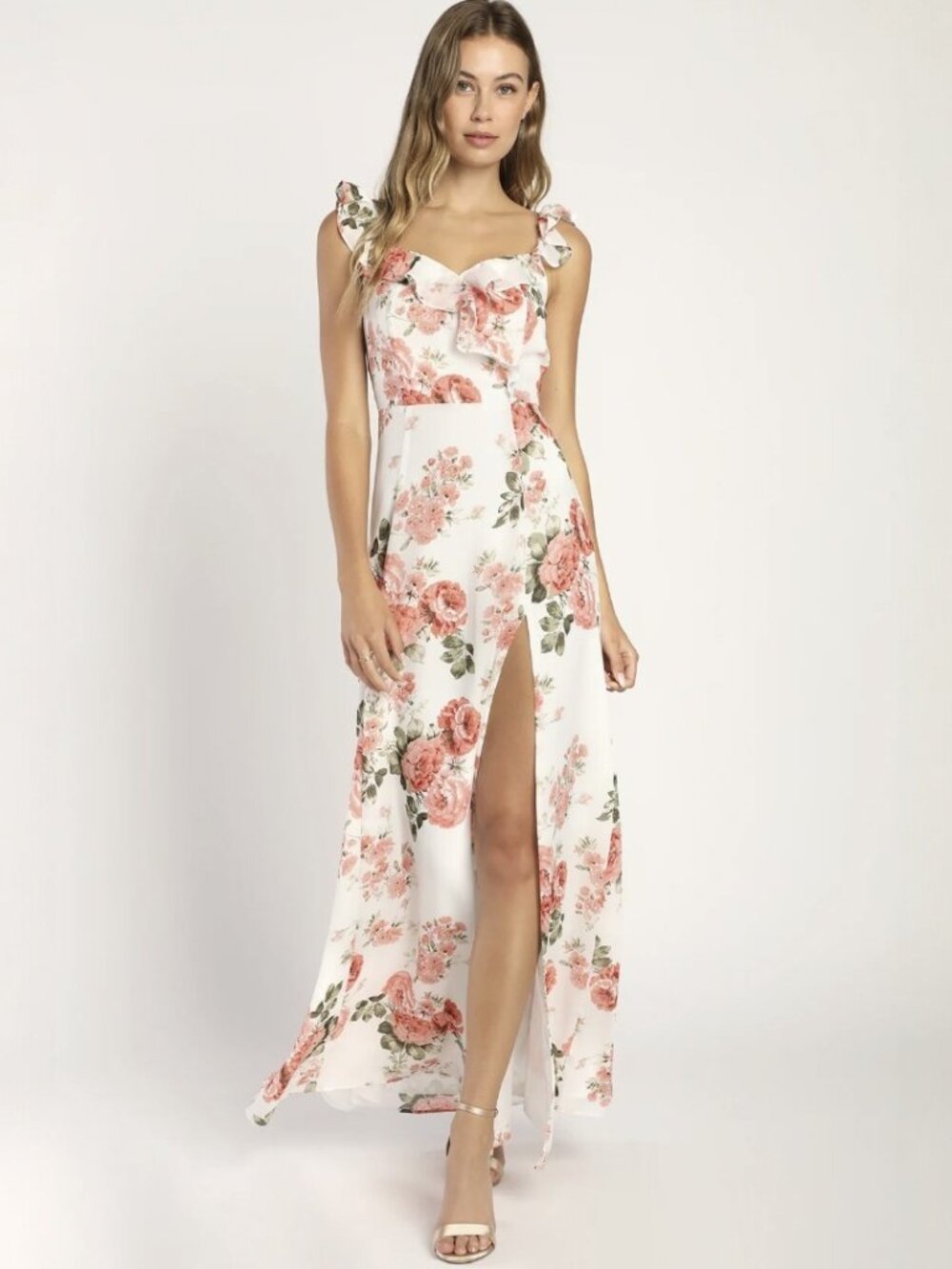 NWT Lulus Radiant Evening White Floral Print Ruffled Sleeveless Maxi Dress (S)